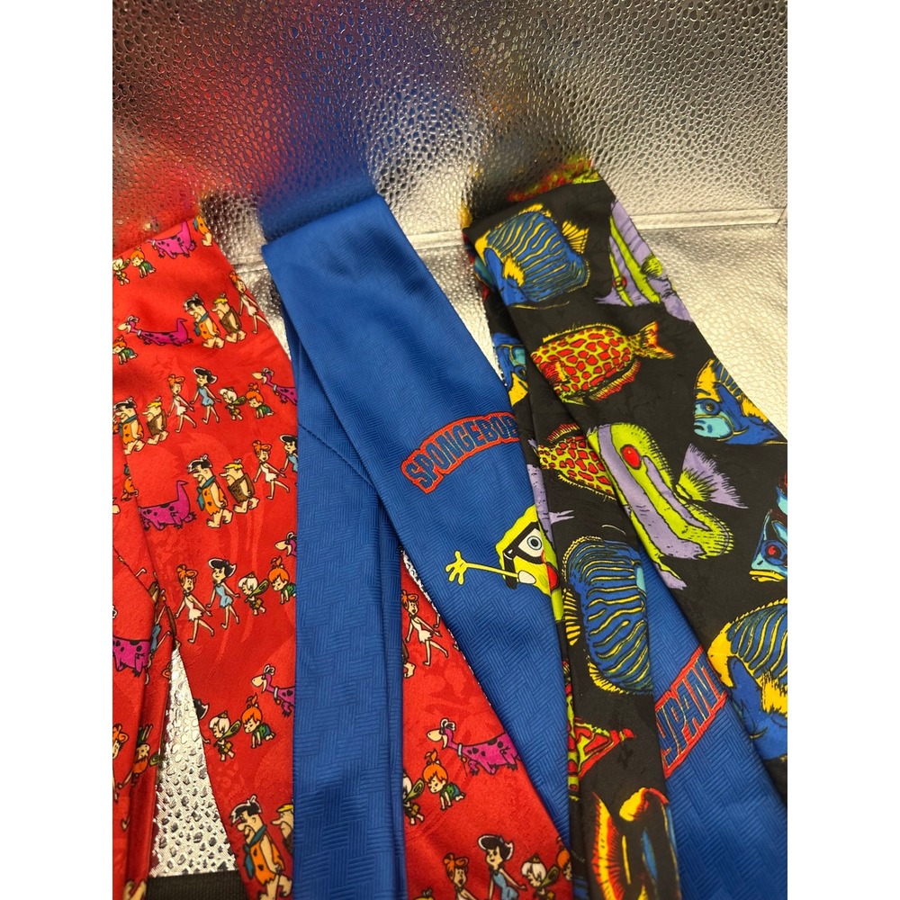 Lot of 3 Vintage Novelty Ties SpongeBob Flintstones Tropical Fish Nickelodeon